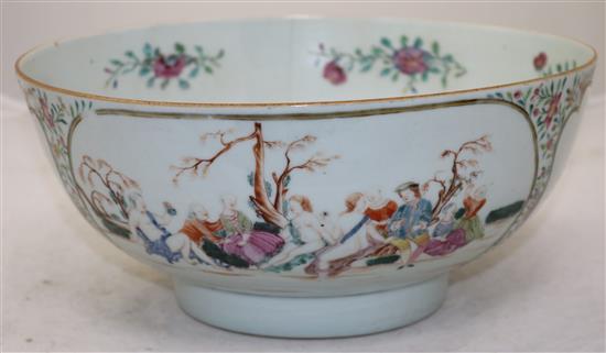 A Chinese famille rose European subject punch bowl, Qianlong period, diameter 31.5cm, hairline cracks